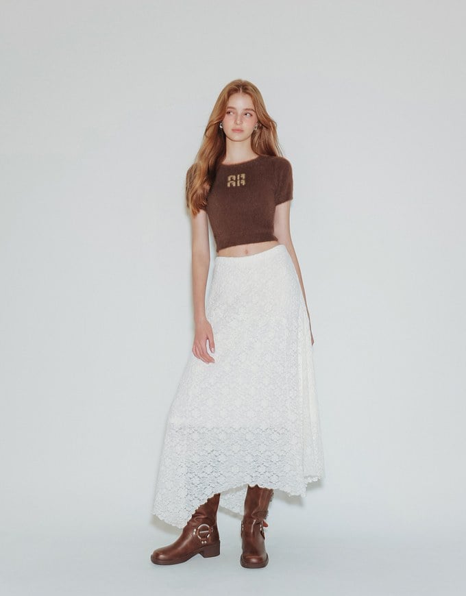 Fluffy Knit Short Sleeve Crop Top with AIR SPACE Logo Embroidered