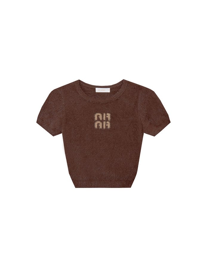 Fluffy Knit Short Sleeve Crop Top with AIR SPACE Logo Embroidered