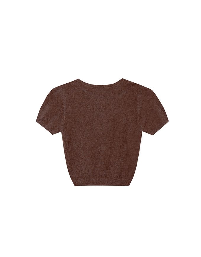 Fluffy Knit Short Sleeve Crop Top with AIR SPACE Logo Embroidered