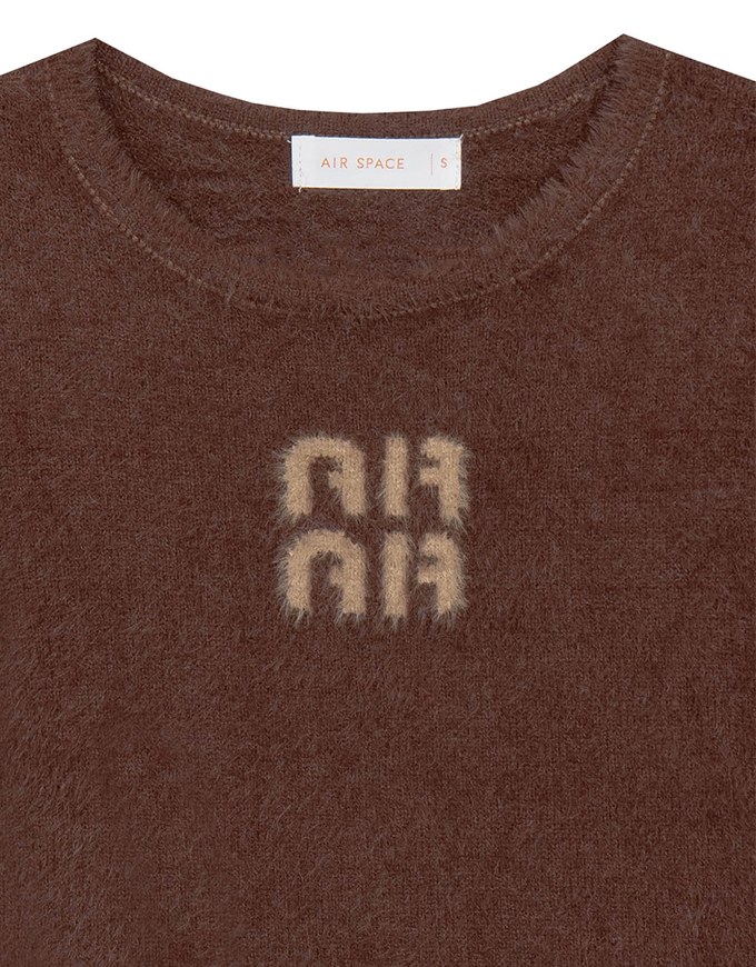 Fluffy Knit Short Sleeve Crop Top with AIR SPACE Logo Embroidered