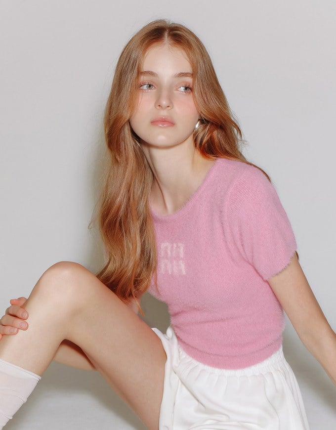 Fluffy Knit Short Sleeve Crop Top with AIR SPACE Logo Embroidered