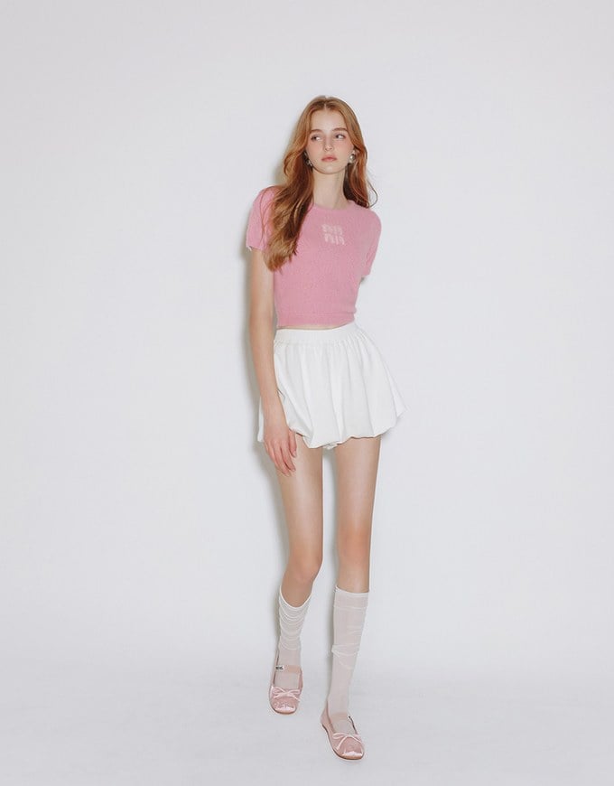 Fluffy Knit Short Sleeve Crop Top with AIR SPACE Logo Embroidered