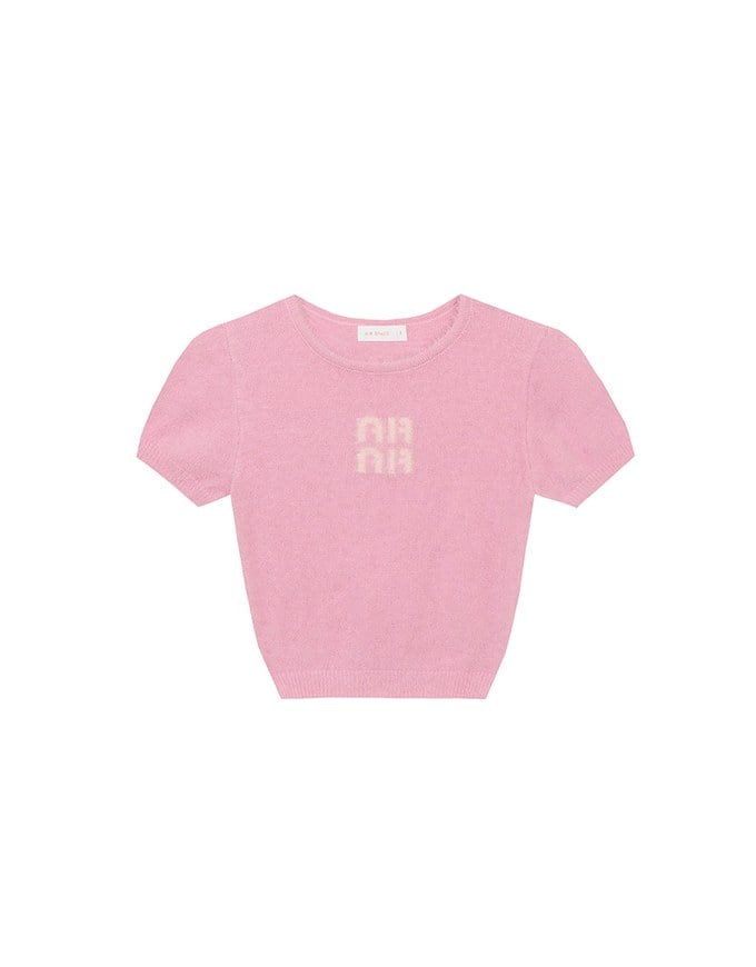 Fluffy Knit Short Sleeve Crop Top with AIR SPACE Logo Embroidered