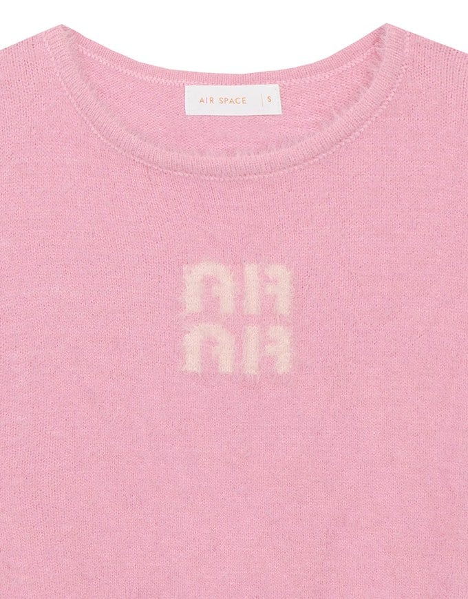 Fluffy Knit Short Sleeve Crop Top with AIR SPACE Logo Embroidered