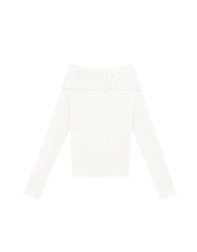 Off Shoulder Folded Collar Long Sleeve Knit Top