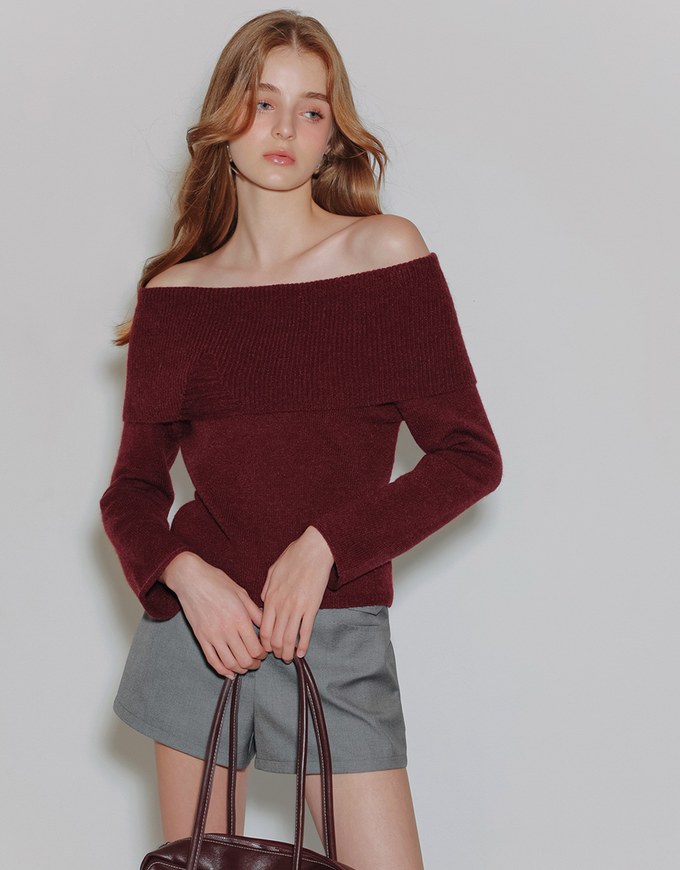 Off Shoulder Folded Collar Long Sleeve Knit Top