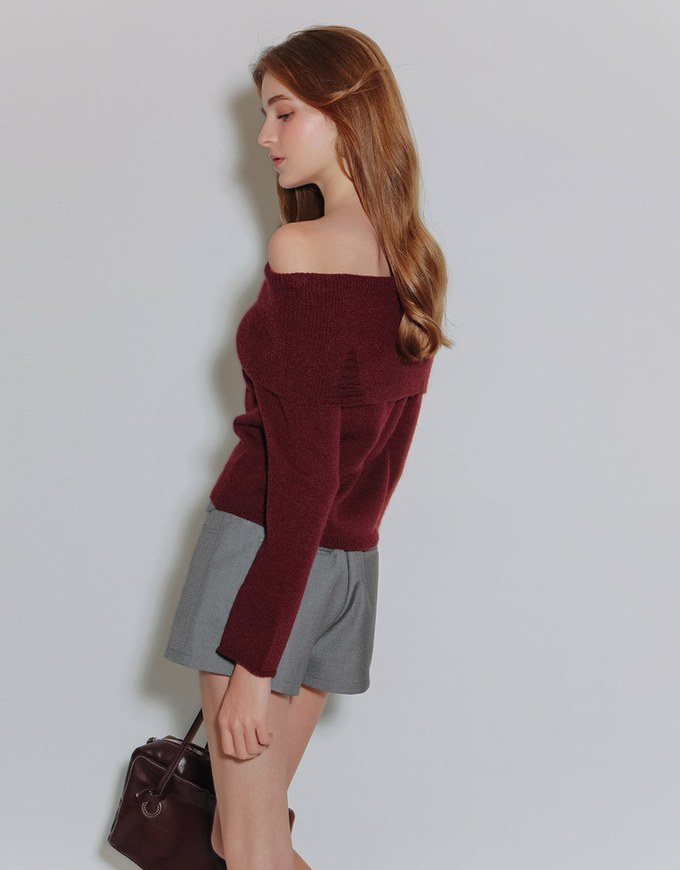 Off Shoulder Folded Collar Long Sleeve Knit Top