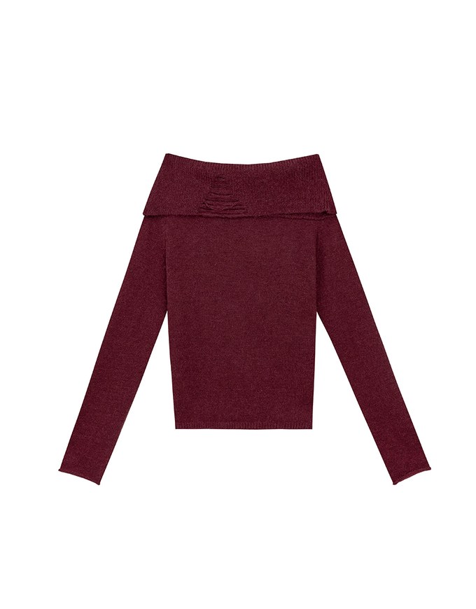 Off Shoulder Folded Collar Long Sleeve Knit Top