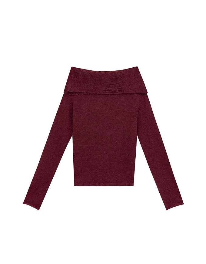 Off Shoulder Folded Collar Long Sleeve Knit Top