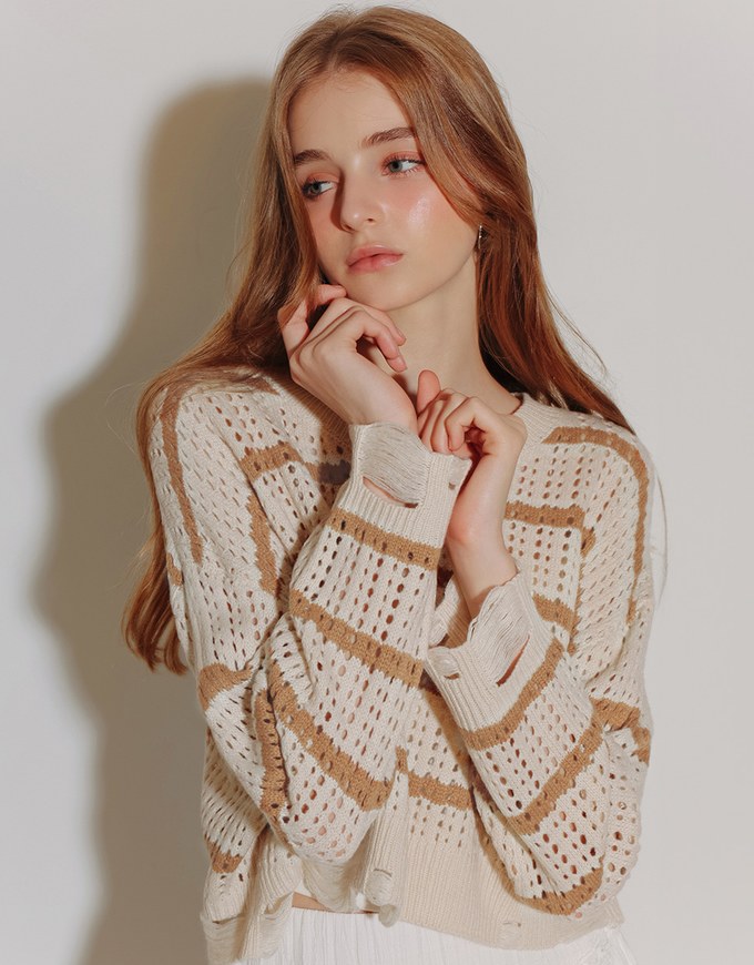 Distressed Hem Open Knit Striped Long Sleeve Sweater