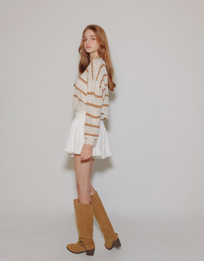 Distressed Hem Open Knit Striped Long Sleeve Sweater