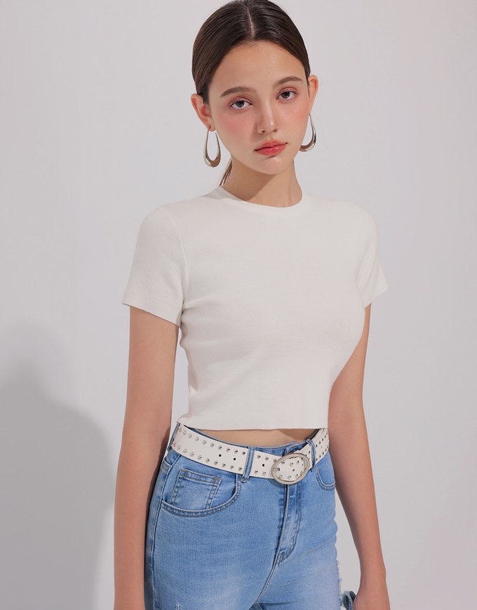 Basic Crew Neck Knit Fitted Crop Top