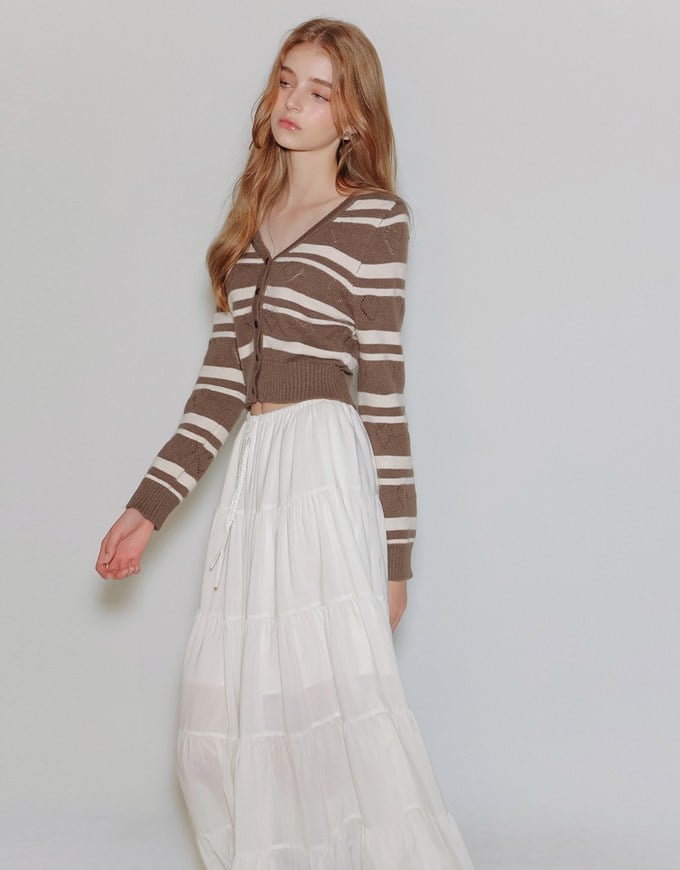 V Neck Striped Knit Cardigan with Heart Cutout Detail