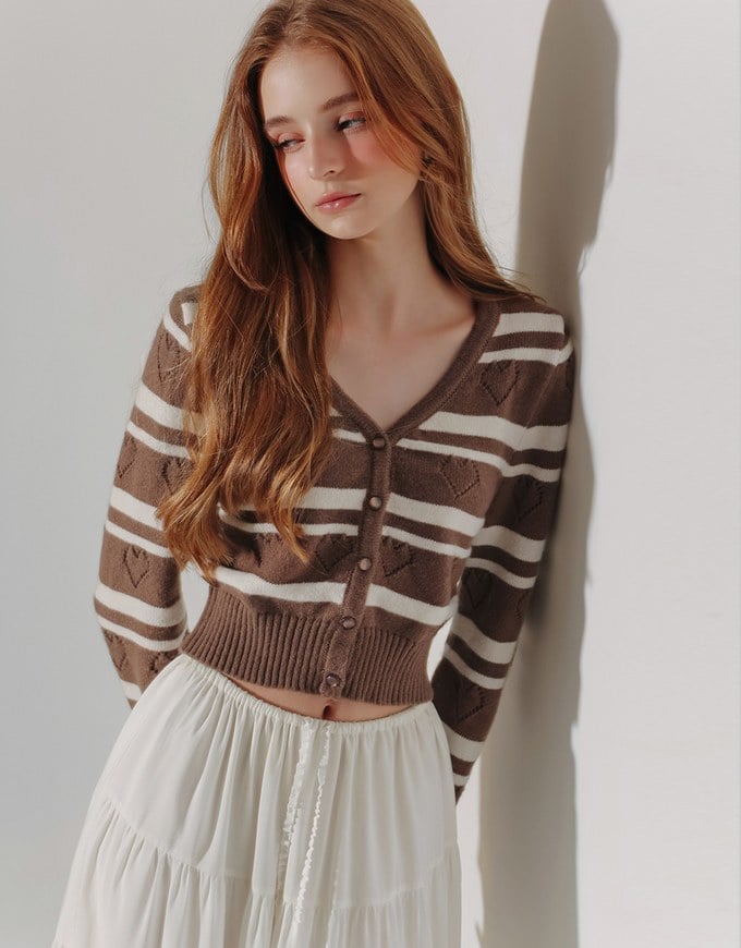 V Neck Striped Knit Cardigan with Heart Cutout Detail