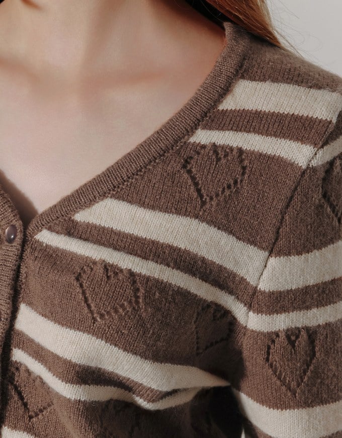 V Neck Striped Knit Cardigan with Heart Cutout Detail