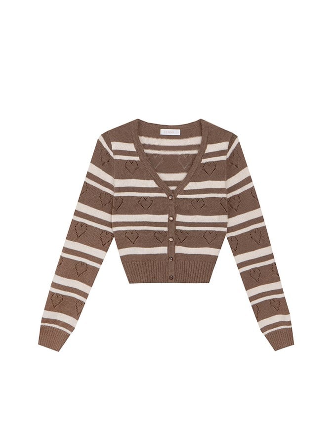 V Neck Striped Knit Cardigan with Heart Cutout Detail