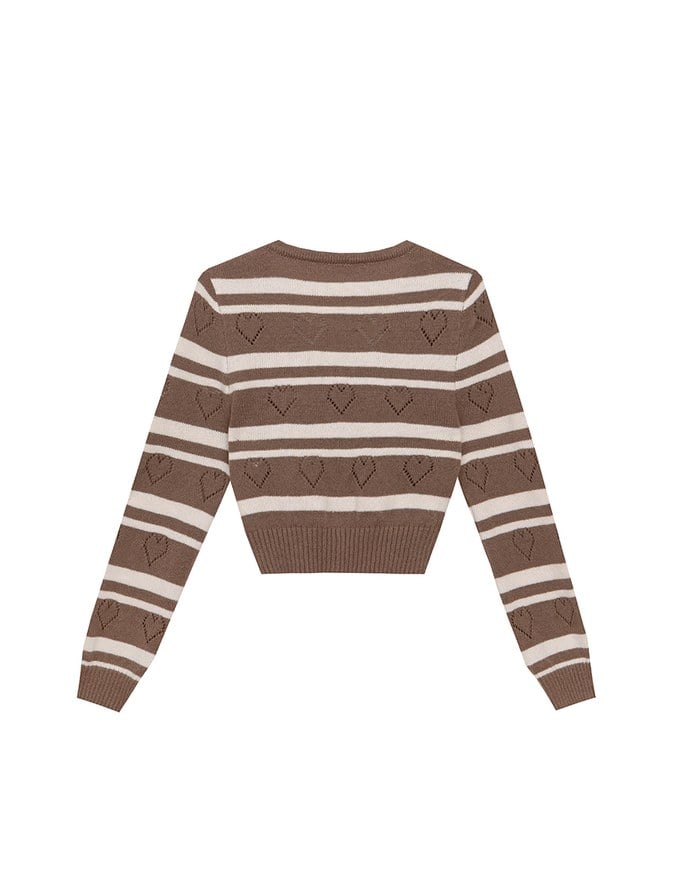 V Neck Striped Knit Cardigan with Heart Cutout Detail