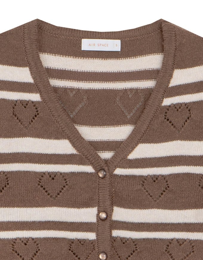 V Neck Striped Knit Cardigan with Heart Cutout Detail
