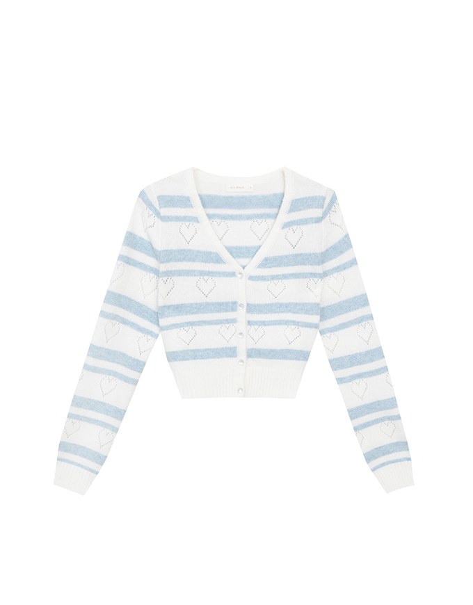 V Neck Striped Knit Cardigan with Heart Cutout Detail