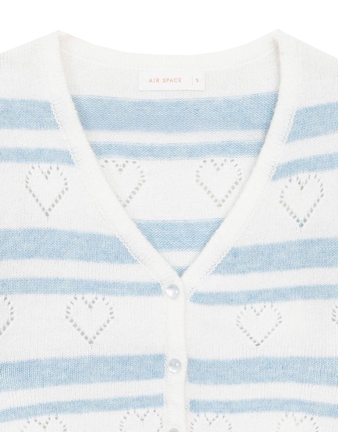 V Neck Striped Knit Cardigan with Heart Cutout Detail