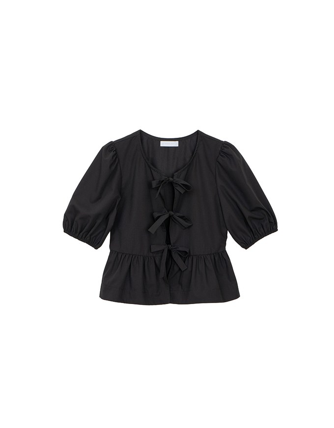 Puff Sleeve Bow Tie Peplum Hem Crop Top