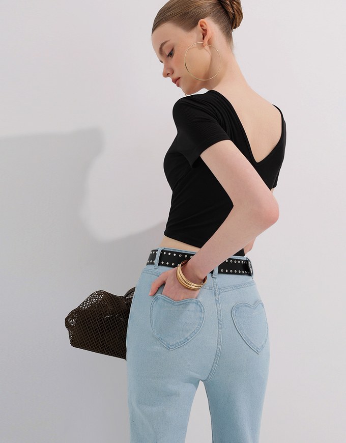 2 Way Neckline Ribbed Crop Tee