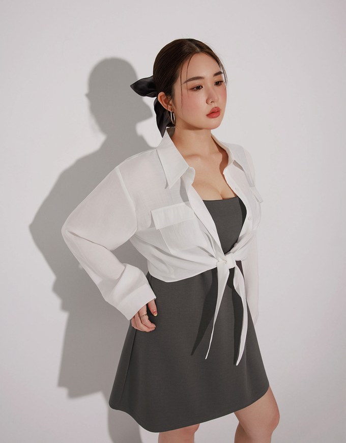 Tie Front Collared Shirt Blouse with Pockets