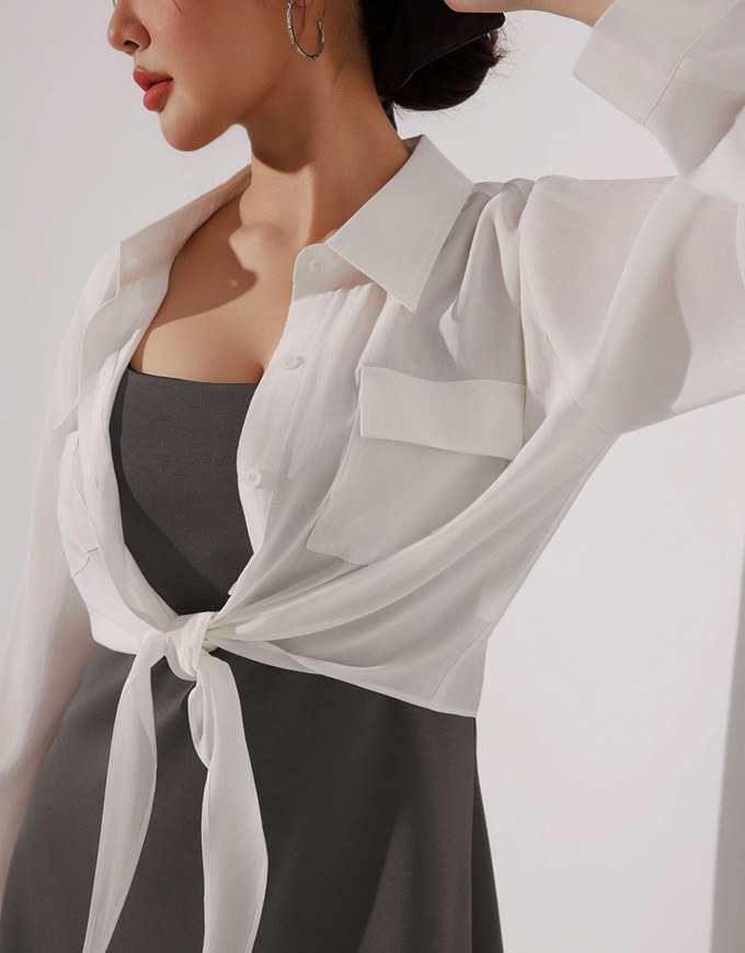 Tie Front Collared Shirt Blouse with Pockets