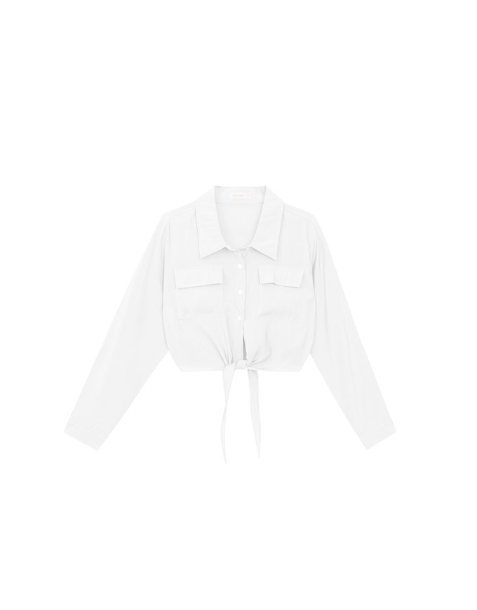 Tie Front Collared Shirt Blouse with Pockets