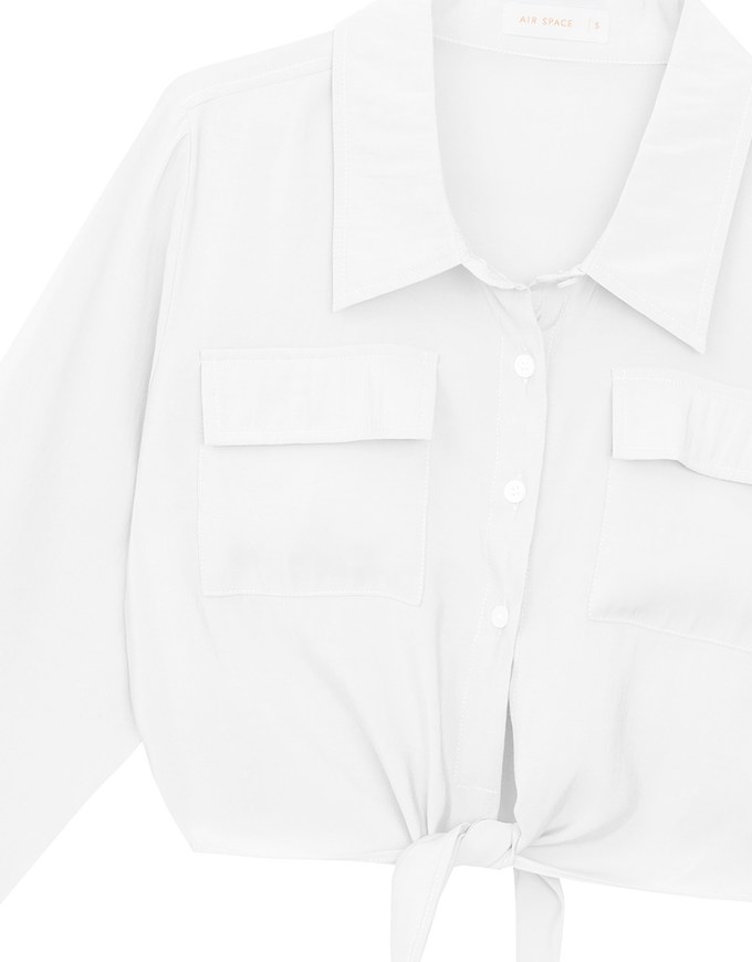 Tie Front Collared Shirt Blouse with Pockets