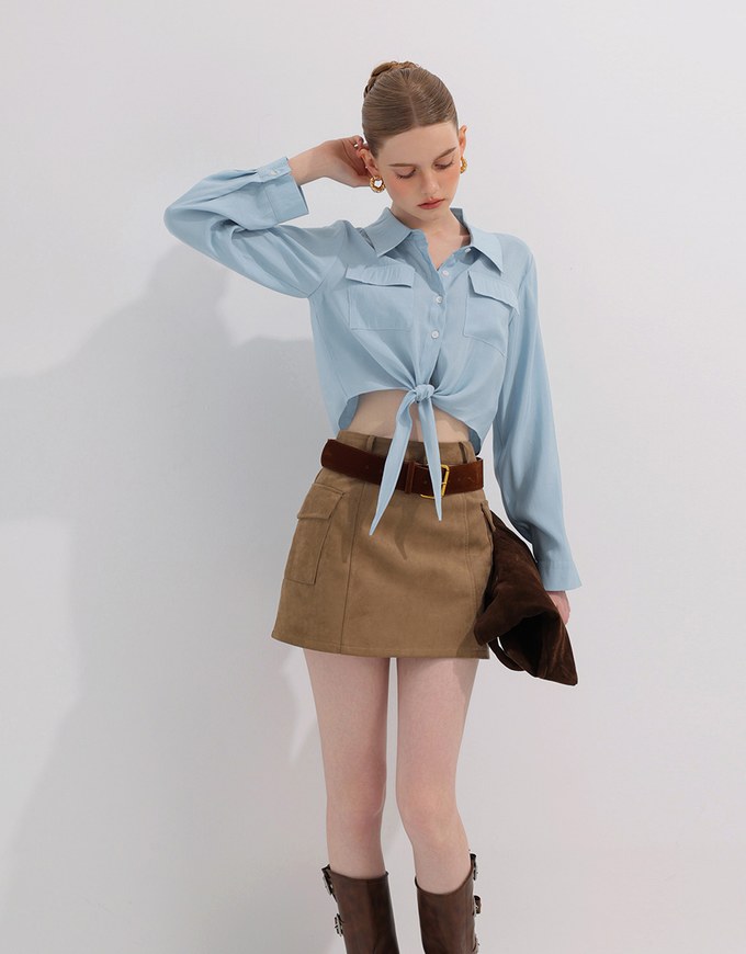 Tie Front Collared Shirt Blouse with Pockets