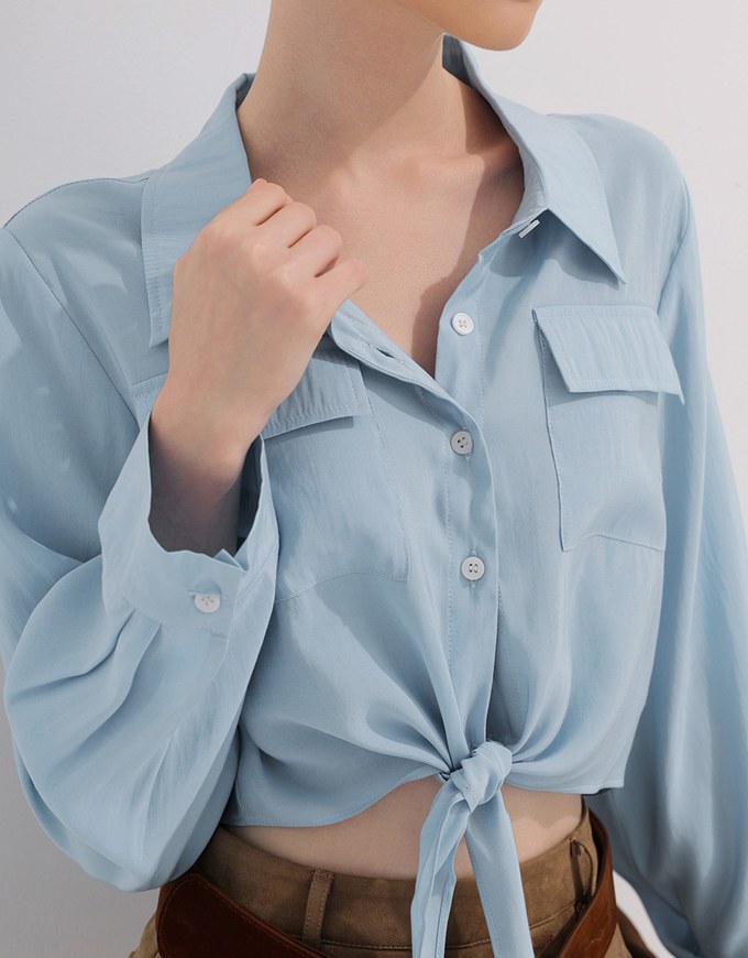 Tie Front Collared Shirt Blouse with Pockets