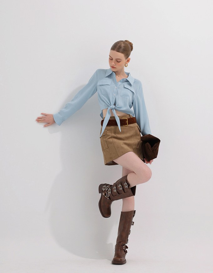 Tie Front Collared Shirt Blouse with Pockets
