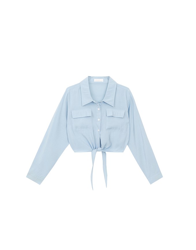 Tie Front Collared Shirt Blouse with Pockets