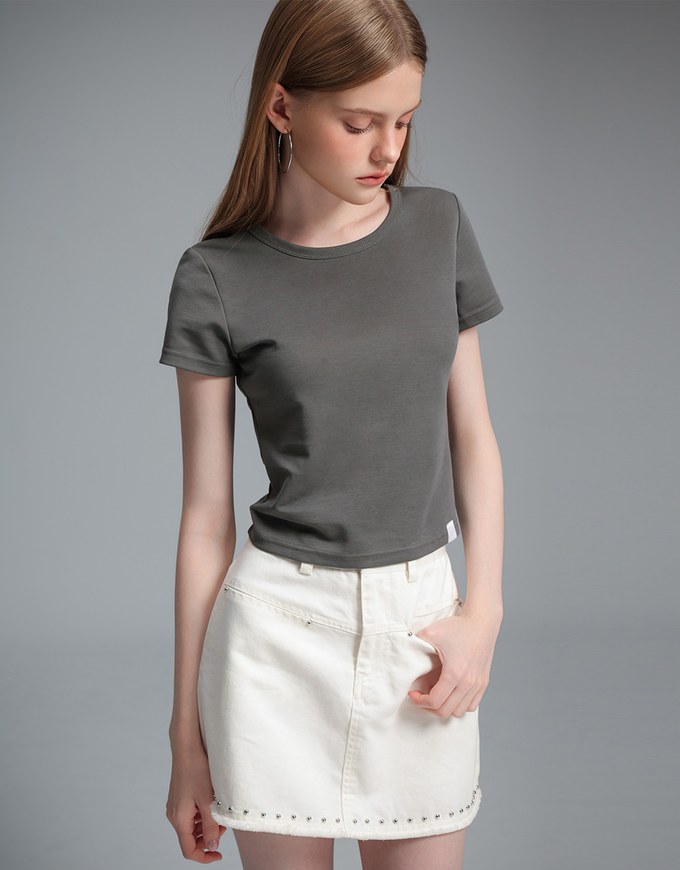 【Stain Resistant】Simple Basic Crew Neck Fitted Crop Tee