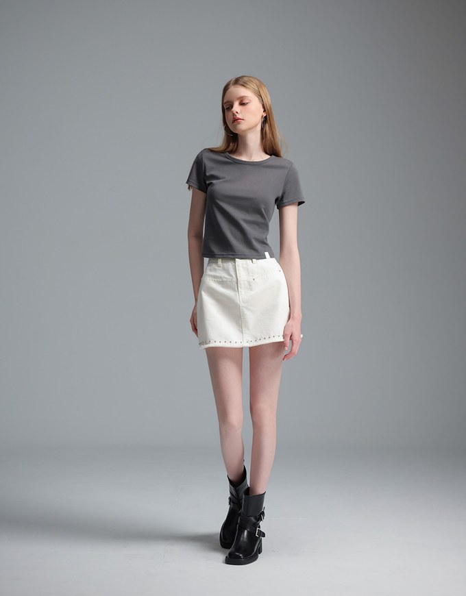 【Stain Resistant】Simple Basic Crew Neck Fitted Crop Tee