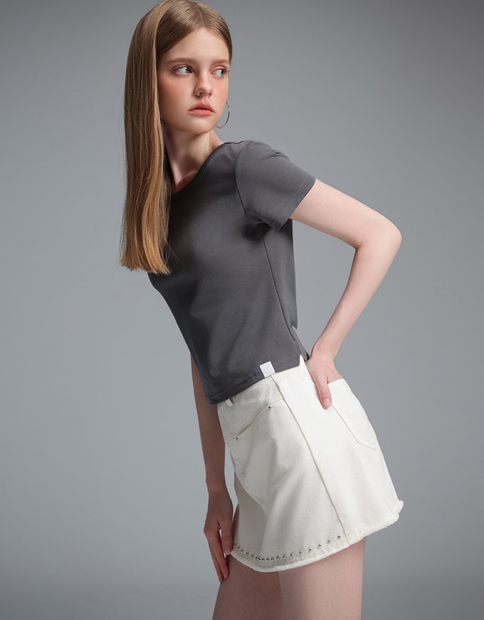 【Stain Resistant】Simple Basic Crew Neck Fitted Crop Tee