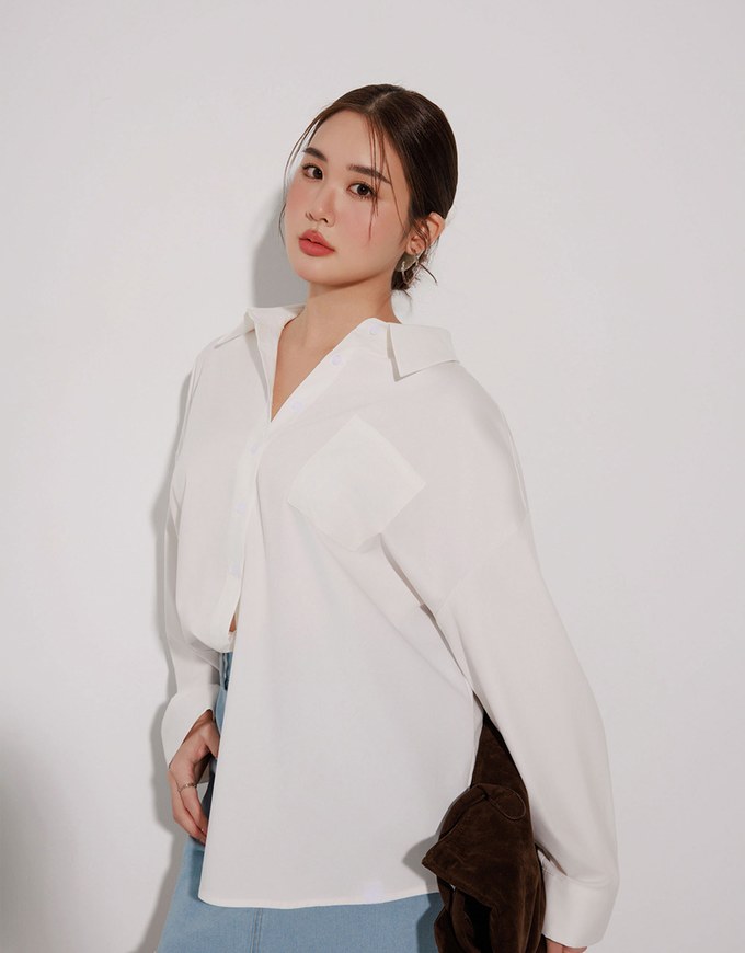 【Stain Resistant】Oversized Pocket Detail Button Down Shirt Blouse