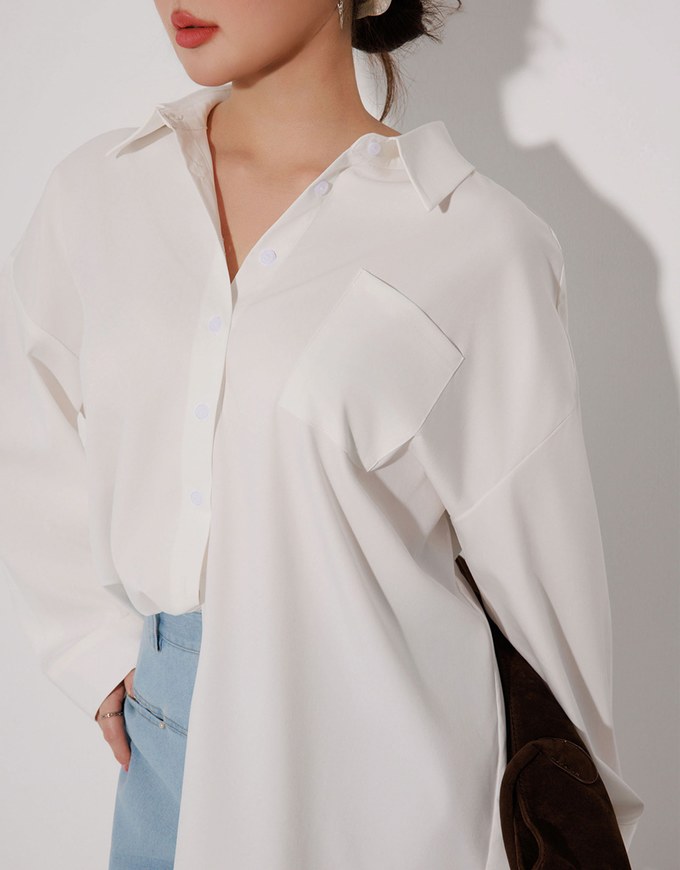 【Stain Resistant】Oversized Pocket Detail Button Down Shirt Blouse