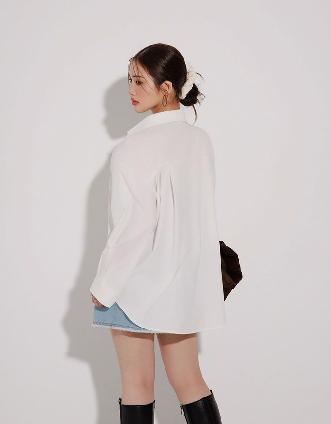 【Stain Resistant】Oversized Pocket Detail Button Down Shirt Blouse