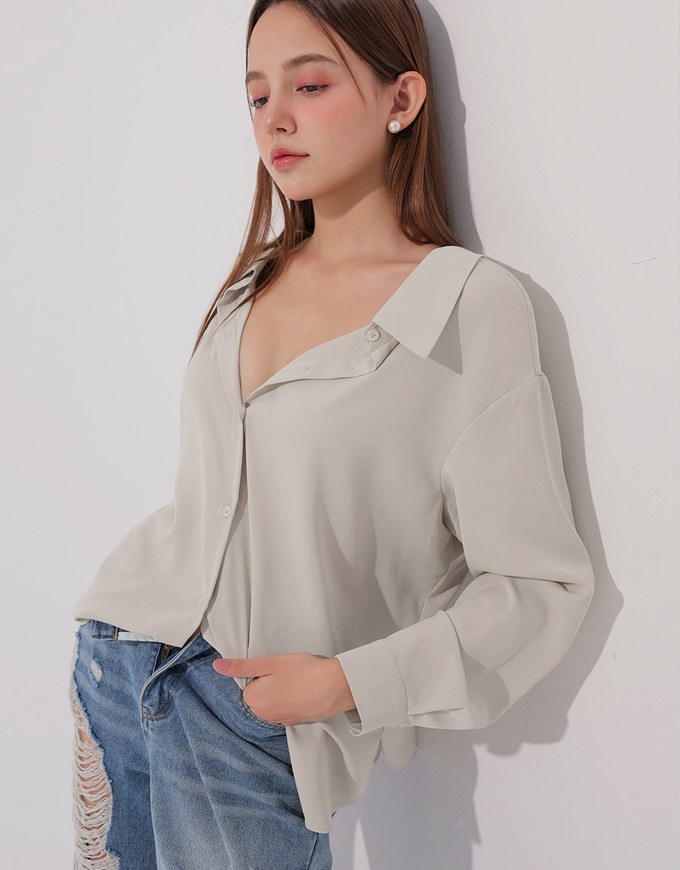 Lace Up Back Collar Long Sleeve Shirt Blouse