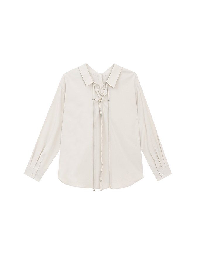 Lace Up Back Collar Long Sleeve Shirt Blouse
