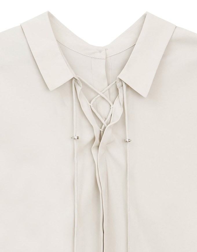 Lace Up Back Collar Long Sleeve Shirt Blouse
