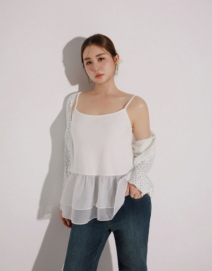 Layered Sheer Ruffle Hem Spaghetti Strap Cami Top