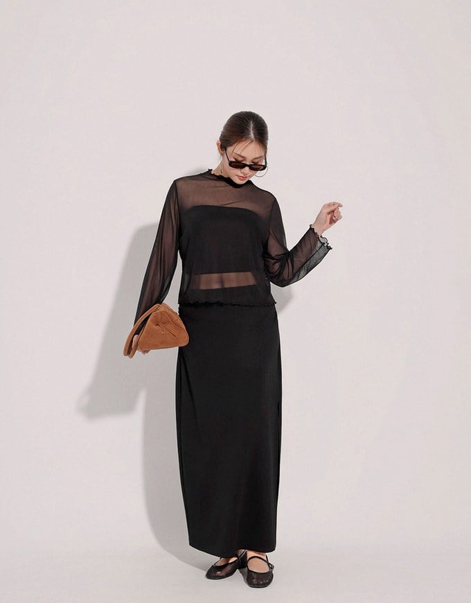 Turtleneck Sheer Ruffle Trim Top - Plain / Polka Dot Design