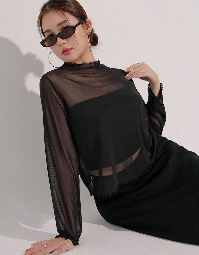 Turtleneck Sheer Ruffle Trim Top - Plain / Polka Dot Design