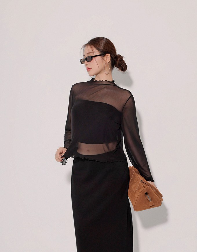 Turtleneck Sheer Ruffle Trim Top - Plain / Polka Dot Design