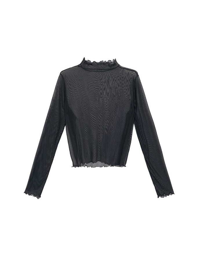 Turtleneck Sheer Ruffle Trim Top - Plain / Polka Dot Design