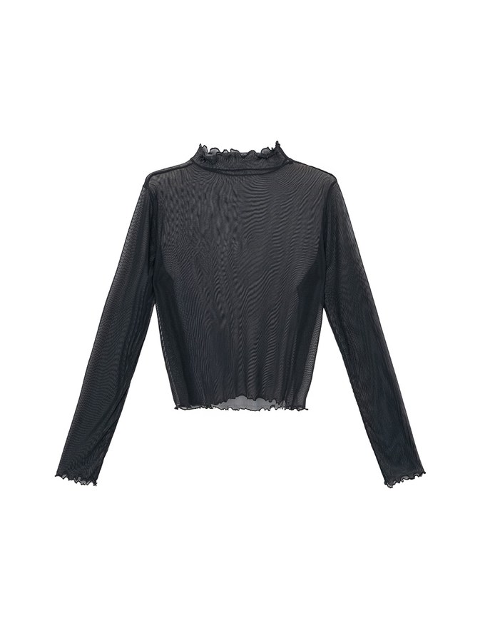 Turtleneck Sheer Ruffle Trim Top - Plain / Polka Dot Design