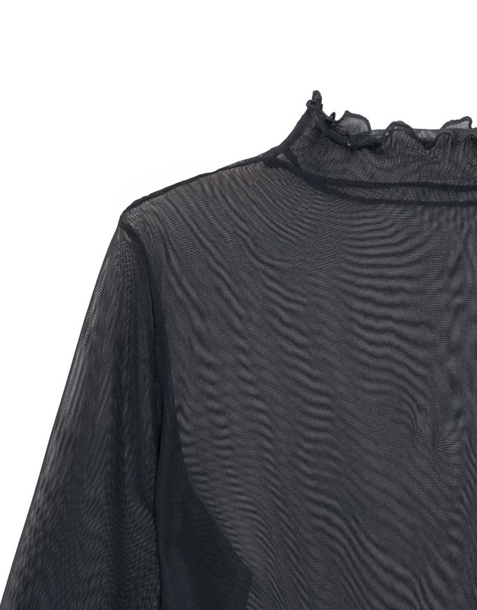Turtleneck Sheer Ruffle Trim Top - Plain / Polka Dot Design